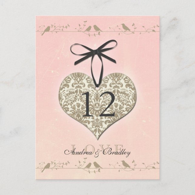 Vintage Damask Heart Table Number Card (Front)