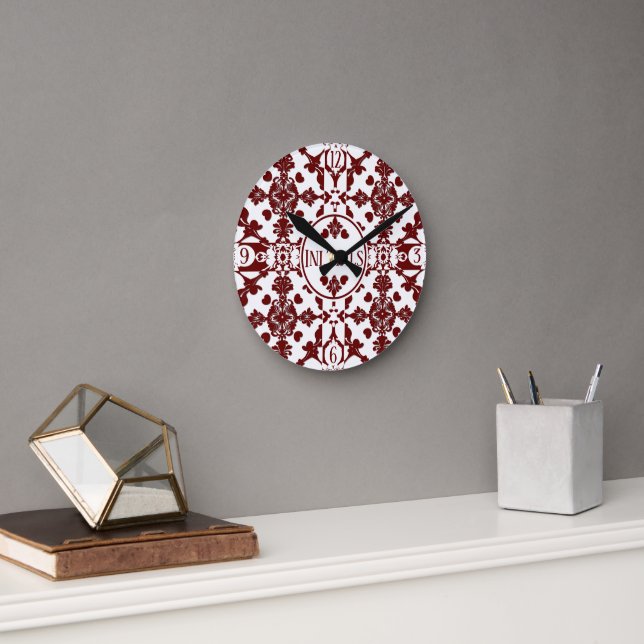 Vintage Damask Monogram Round Clock (Office)
