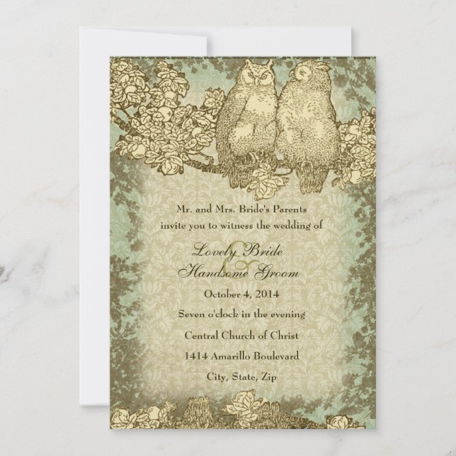 Vintage Damask Mr. and Mrs. Owl Wedding Invitation (Front)