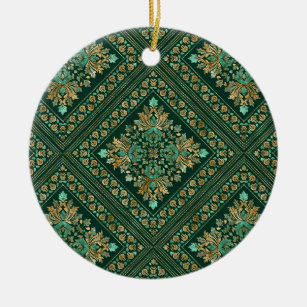 Vintage Damask Pattern - Emerald green and gold Ceramic Ornament
