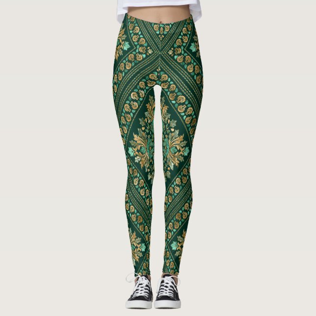 Vintage Damask Pattern - Emerald green and gold Leggings (Front)