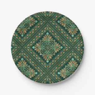 Vintage Damask Pattern - Emerald green and gold Paper Plate