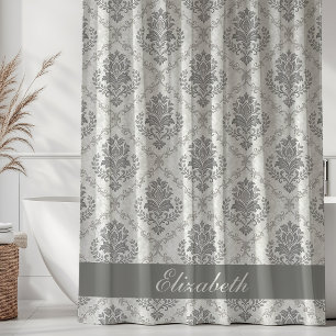 Vintage Damask Pattern Grey Monogram Name Shower Curtain