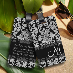 Vintage Damask Pattern with Monogram Black White Luggage Tag