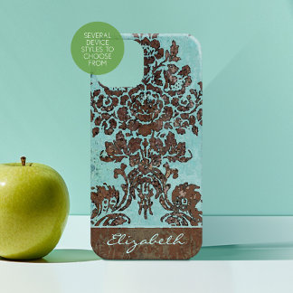 Vintage Damask Pattern with Name - teal grey iPhone 16 Case