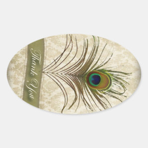 Vintage damask peacock wedding thank you oval sticker