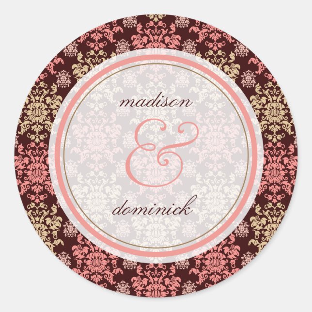 Vintage Damask Pink Lace Elegant Wedding Sticker (Front)