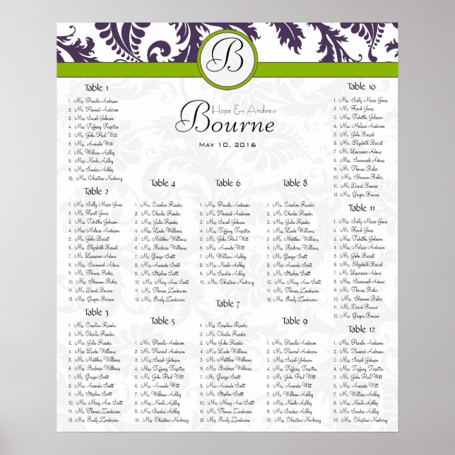 Vintage Damask Purple & Green Seating Chart (Front)