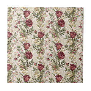 Vintage Damask Rose Garden Floral Pattern Artwork Ceramic Tile