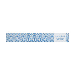 Vintage Damask Royal Blue White Return Address Wrap Around Label