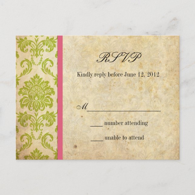 Vintage Damask RSVP Postcard in Pink and Green (Front)