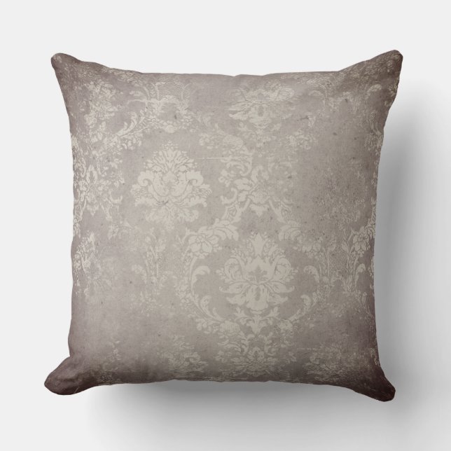 Vintage damask & script purple grey distressed cushion (Front)