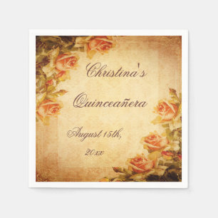 Vintage Damask Shabby Chic Peach Roses Serviettes Napkin