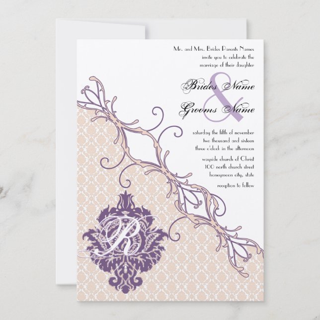 Vintage Damask Silver Peony & Grape Wedding Invite (Front)