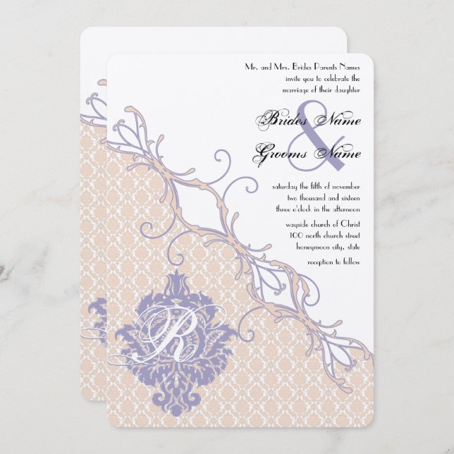 Vintage Damask Silver Peony & Lavender Wedding Invitation (Front/Back)