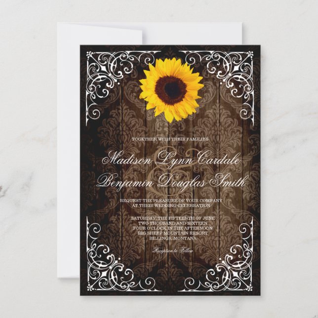Vintage Damask Sunflower Rustic Wedding Invitation (Front)