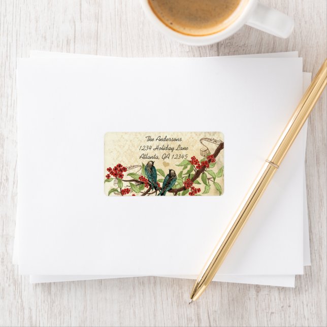 Vintage Damask Teal Bird Burgundy Flowering Branch Label (Insitu)