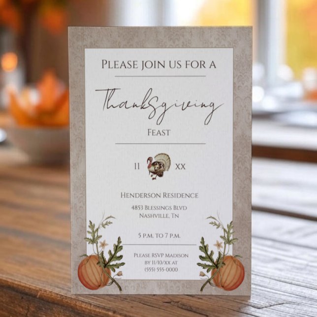 Vintage Damask Thanksgiving Dinner | Beige Invitation (Beige Vintage Damask Thanksgiving Dinner Invitation)
