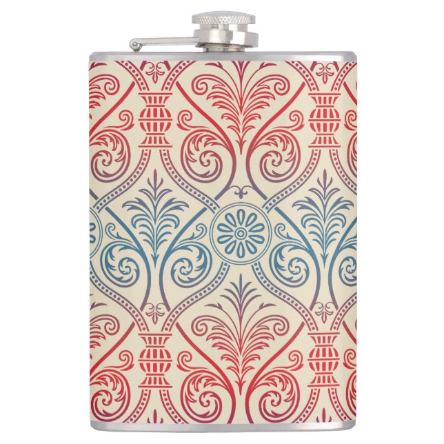 Vintage Damask Wallpaper - blue violet red Hip Flask (Front)