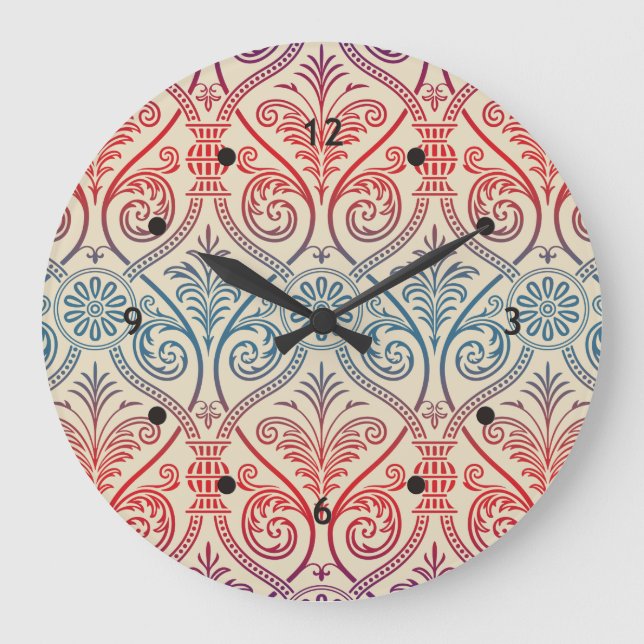 Vintage Damask Wallpaper - blue violet red Large Clock (Front)