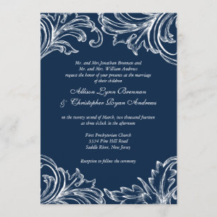 Vintage Damask Wedding Invitation Navy Blue White