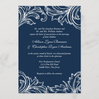 Vintage Damask Wedding Invitation Navy Blue White