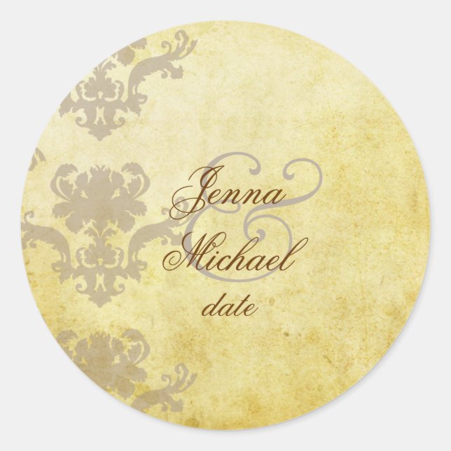VINTAGE DAMASK WEDDING INVITATIONS CLASSIC ROUND STICKER (Front)
