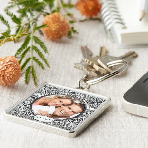 Vintage Damask Wedding Photo Key Chain