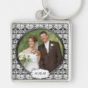 Vintage Damask Wedding Photo Key Chain