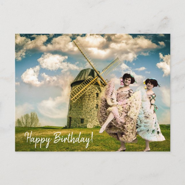 Vintage Dancing Flower Girls and Windmill Birthday Postcard (Front)