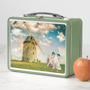 Vintage Dancing Flower Girls and Windmill Metal Lunch Box