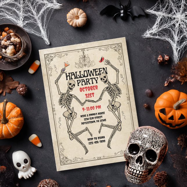 Vintage Dancing Skeleton Elegant Gothic Halloween Invitation (Creator Uploaded)