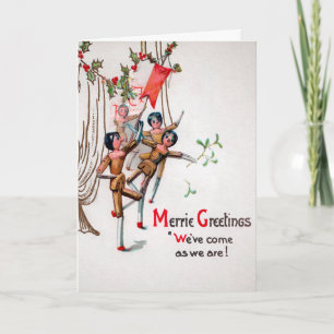 Vintage Dancing Wooden Dolls Holiday Card