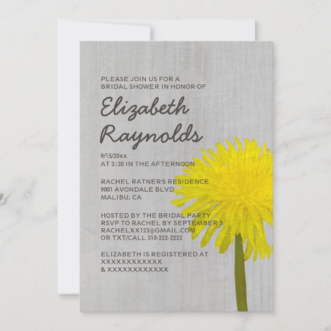Vintage Dandelion Bridal Shower Invitations (Front)