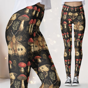 Vintage Dark Academia Moth Mushroom Pattern Gothic Leggings