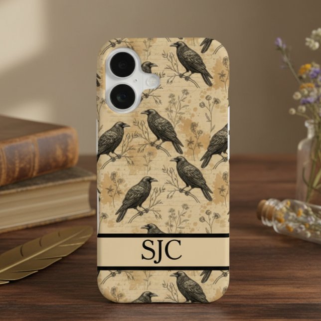 Vintage Dark Academia Raven iPhone 16 Case (Gothic raven vintage Iphone case)