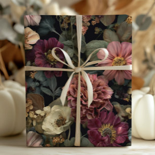 Vintage Dark and Moody Boho Floral  Wrapping Paper Sheet