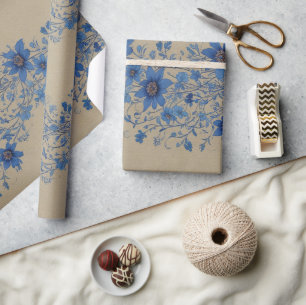 Vintage Dark Blue Flower Ephemera pattern Wrapping Paper