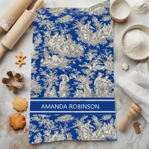 Vintage Dark Blue French Country Toile de Jouy Tea Towel