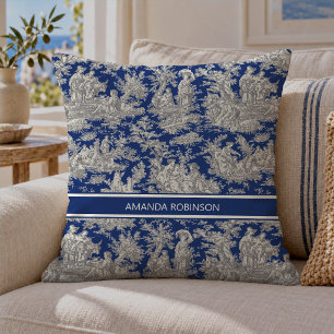 Vintage Dark Blue French Toile de Jouy Cushion