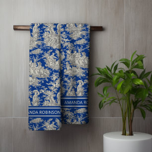 Vintage Dark Blue French Toile De Jouy Scenic Bath Towel Set