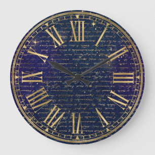 Vintage Dark Blue Handrwriting & Gold Sparkles Large Clock