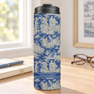 Vintage dark blue toile de jouy printed thermal tumbler