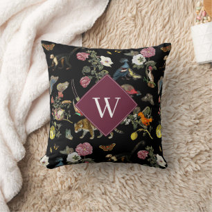 Vintage Dark Botanical Animals Forest Monogram Cushion