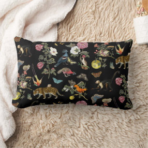 Vintage Dark Botanical Wild Animals in Forest Lumbar Cushion