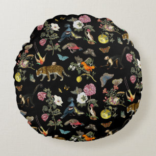 Vintage Dark Botanical Wild Animals in Forest Round Cushion