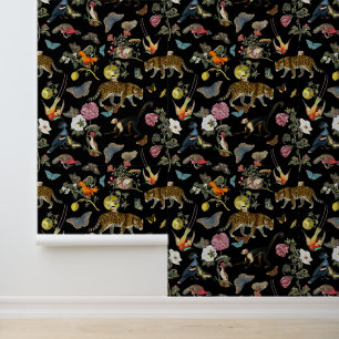 Vintage Dark Botanical Wild Animals in Forest Wallpaper