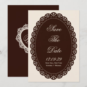 Vintage Dark Brown Lace Oval Doily Wedding Save The Date