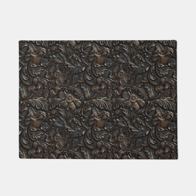 Vintage dark brown tooled leather  doormat (Front)