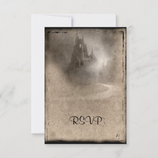 Vintage Dark Castle Gothic Wedding RSVP Card (Front)